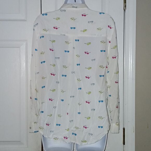 Jane and Delancey white multicolor sunglass print button down blouse Sz L - Picture 4 of 8